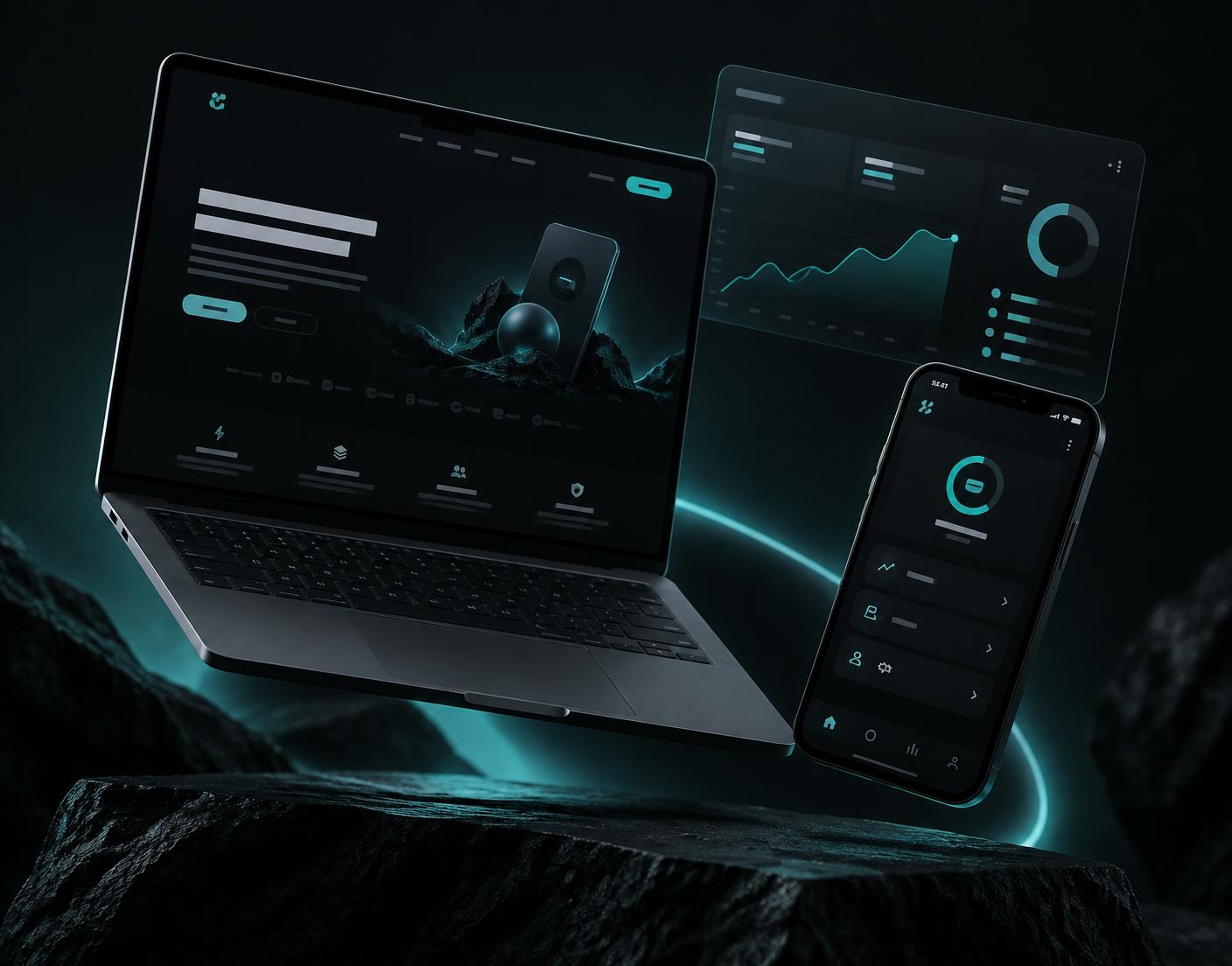 Mockups de una página web, un dashboard y una mini app móvil